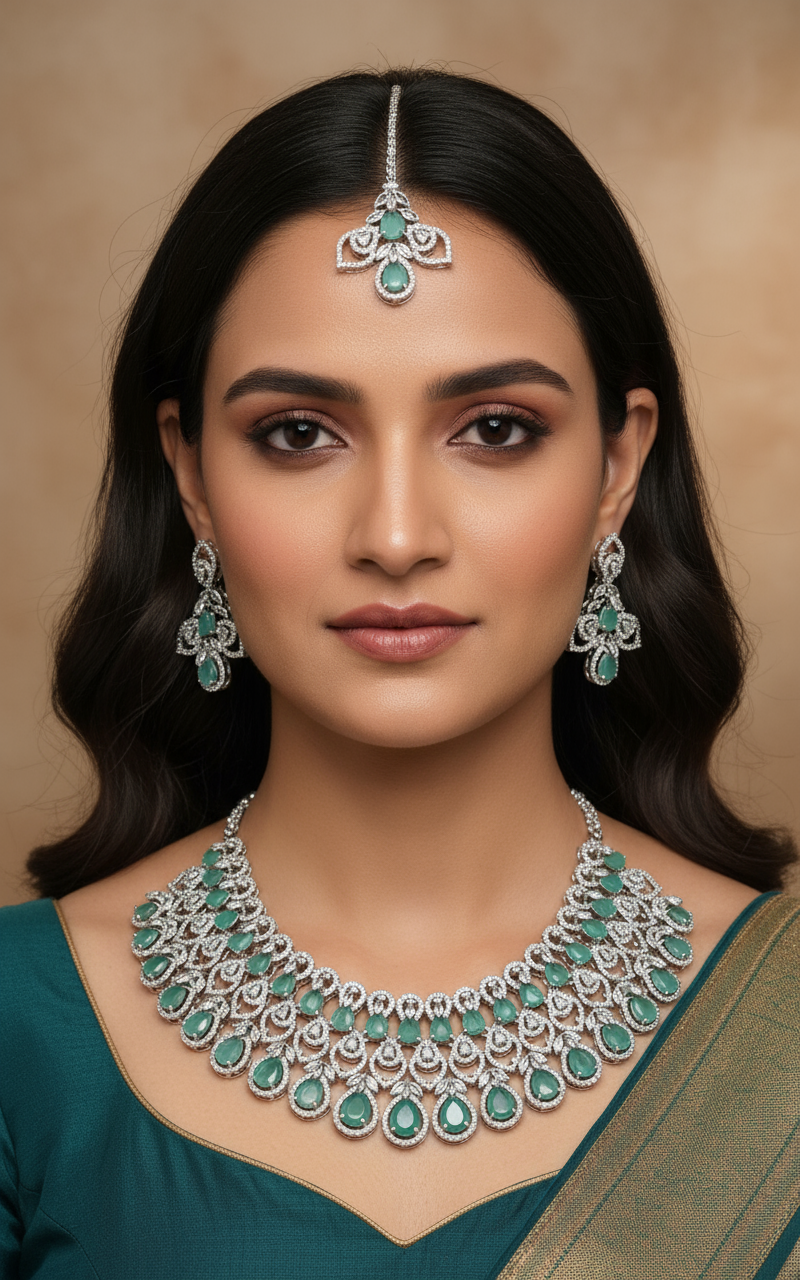 American Diamond Necklace Set, Aqua Green, Cubic Zirconia, Silver Plated.