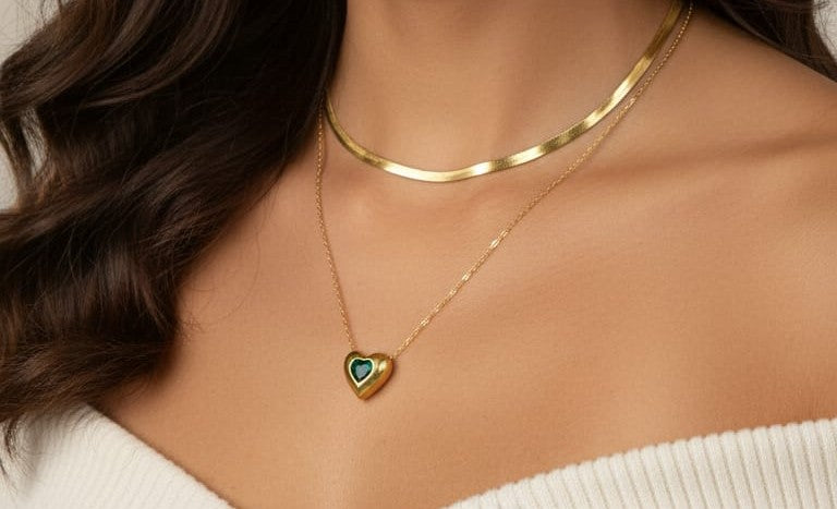 Anti-Tarnish Double Layered Angle Heart with Emerald pendant