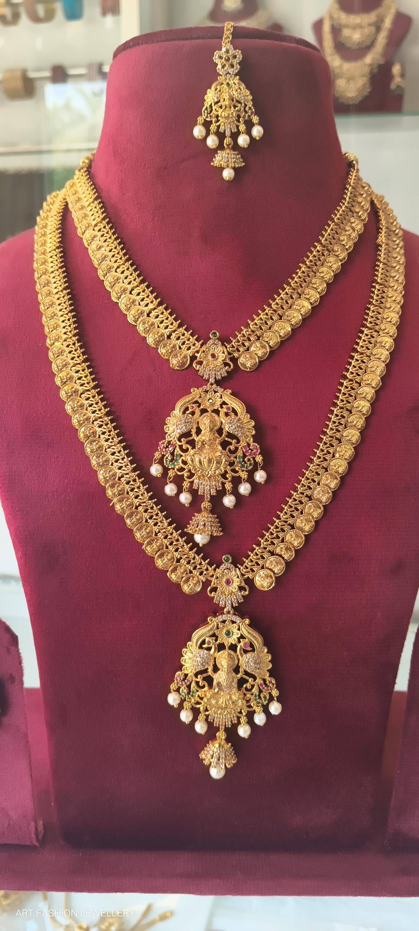 American Diamond/CZ Traditional Lakshmi Coin Long Haram Combo Set