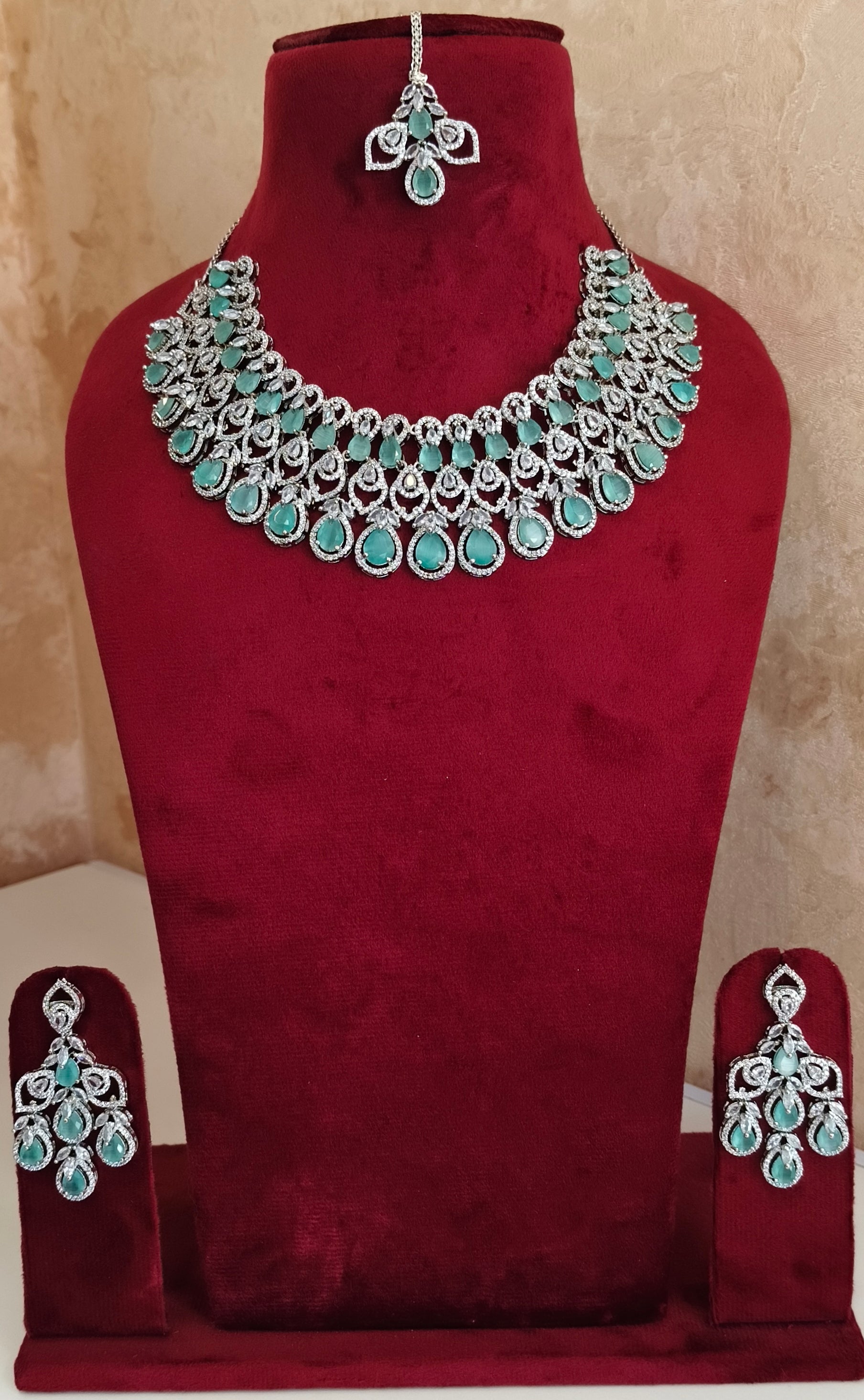 American Diamond Necklace Set, Aqua Green, Cubic Zirconia, Silver Plated.