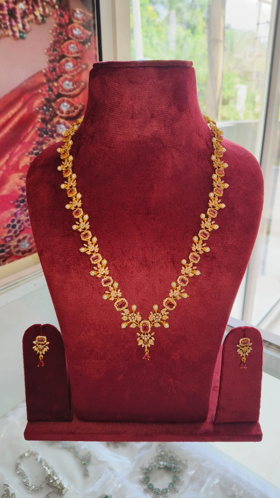 American Diamond/CZ Traditional Leaf and Pearl design Long Haram Set