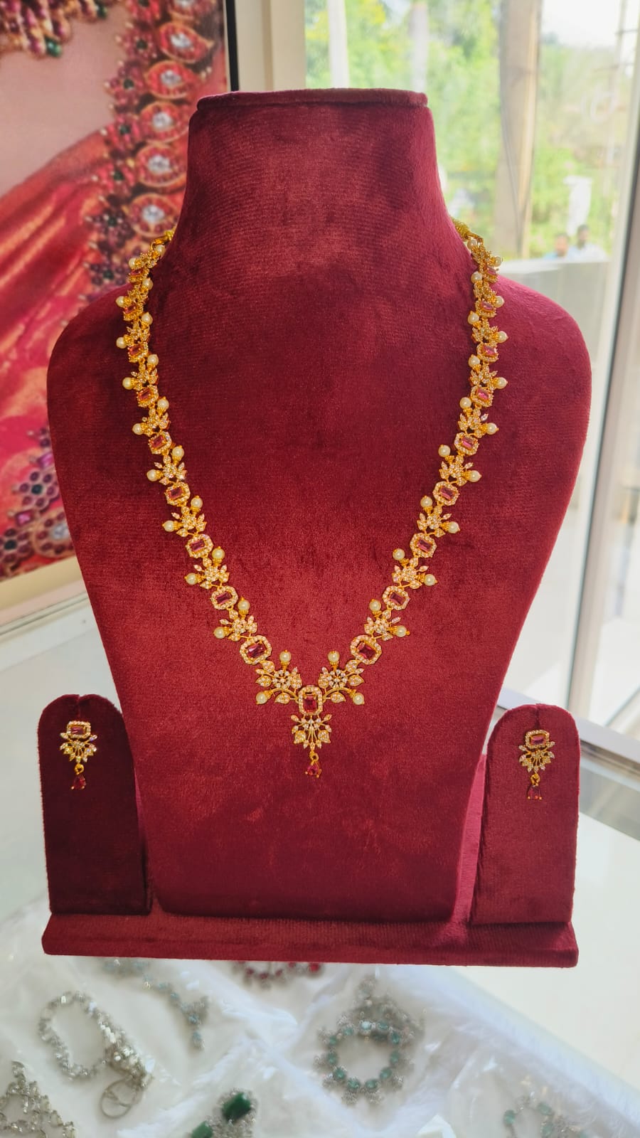 American Diamond/CZ Traditional Leaf and Pearl design Long Haram Set