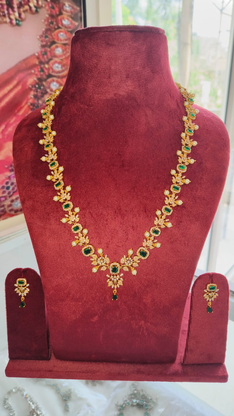 American Diamond/CZ Traditional Leaf and Pearl design Long Haram Set