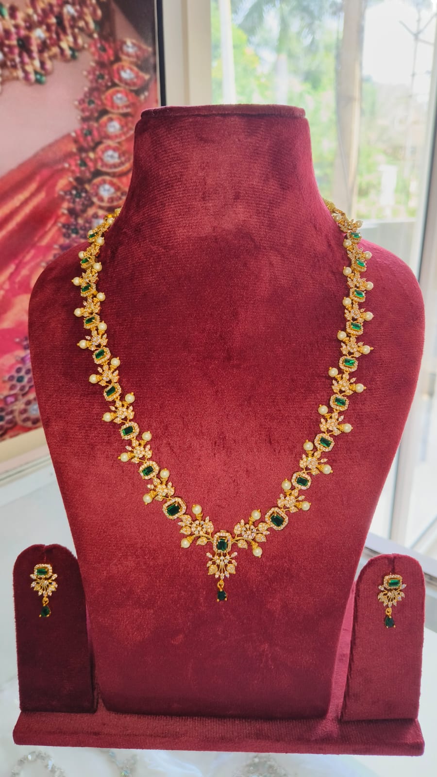 American Diamond/CZ Traditional Leaf and Pearl design Long Haram Set