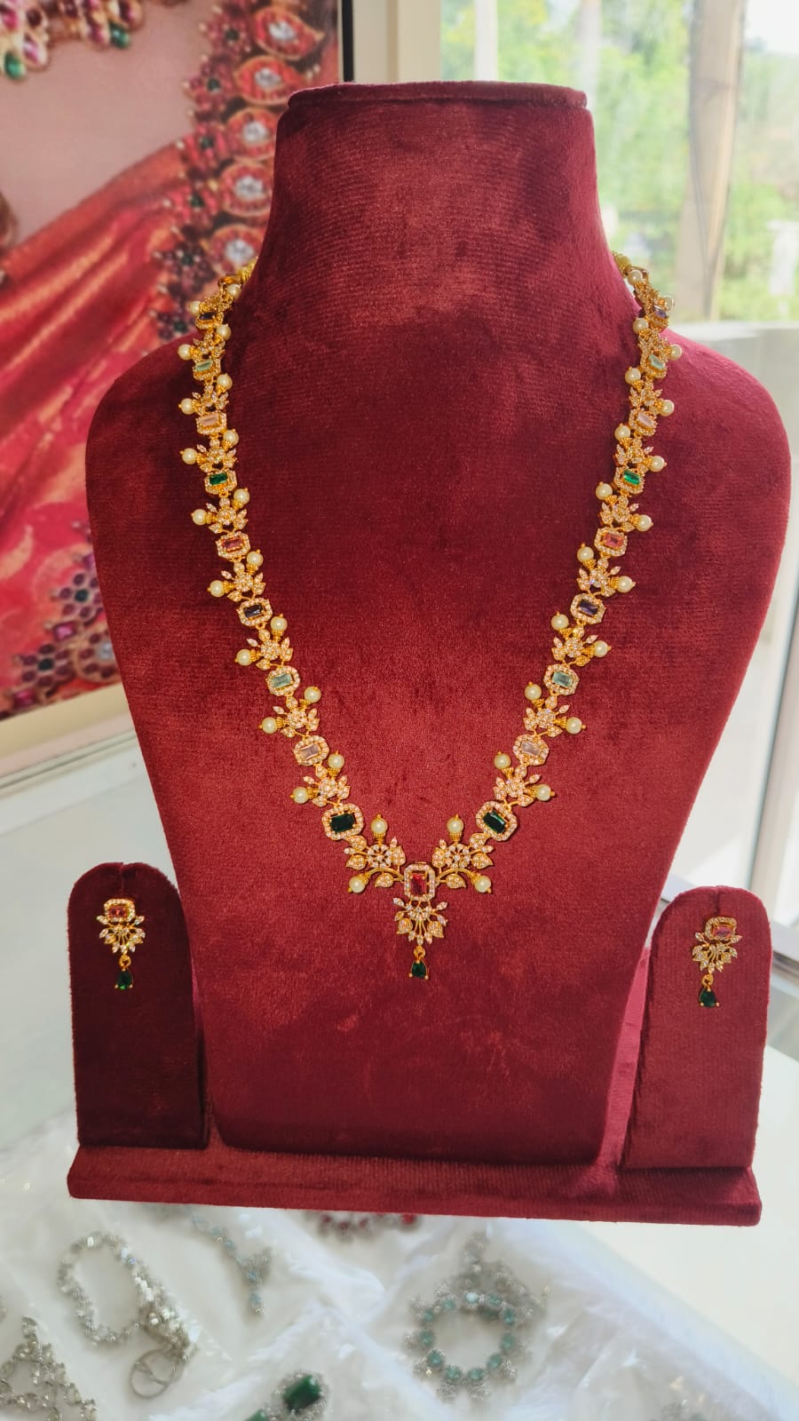 American Diamond/CZ Traditional Leaf and Pearl design Long Haram Set