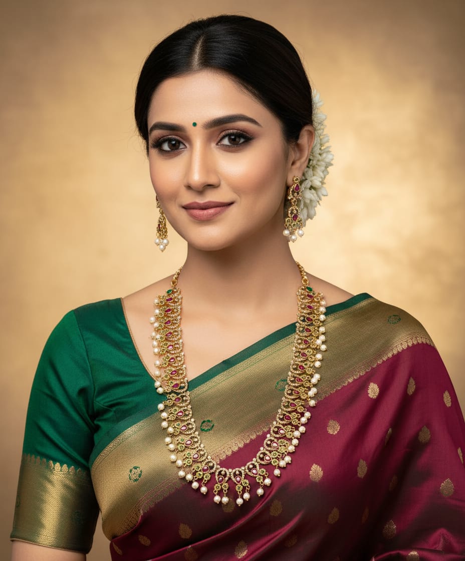 Peacock CZ Necklace Set: Gold Mehandi Polish Haram