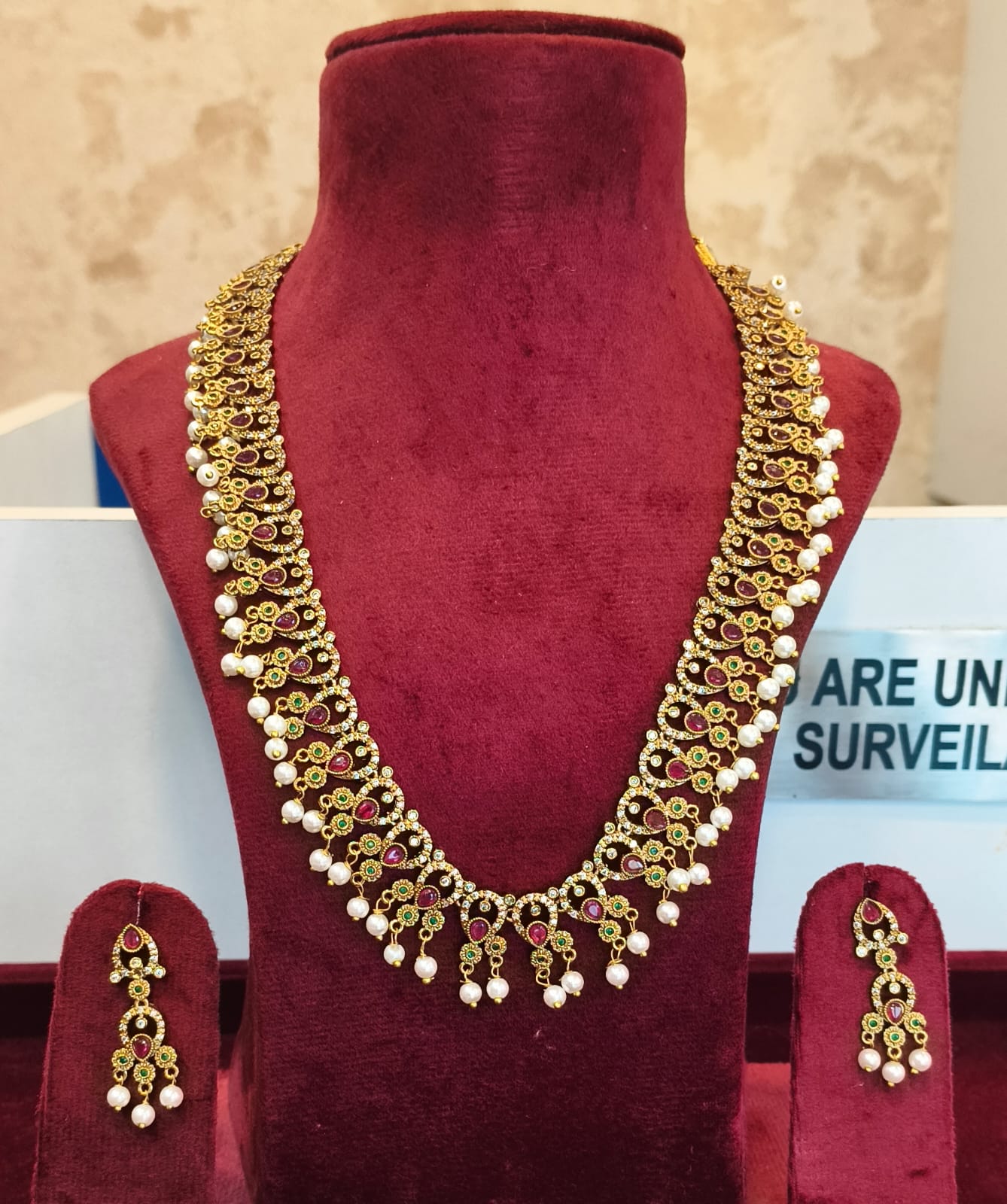 Peacock CZ Necklace Set: Gold Mehandi Polish Haram