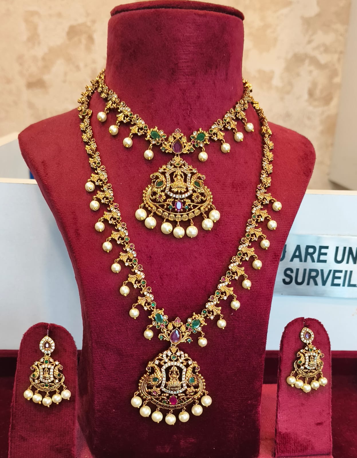 Peacock CZ Necklace Set: Gold Mehandi Polish Haram