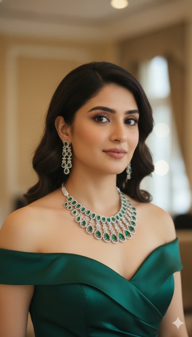 Premium Quality American Diamond Necklace Emerald Green / White