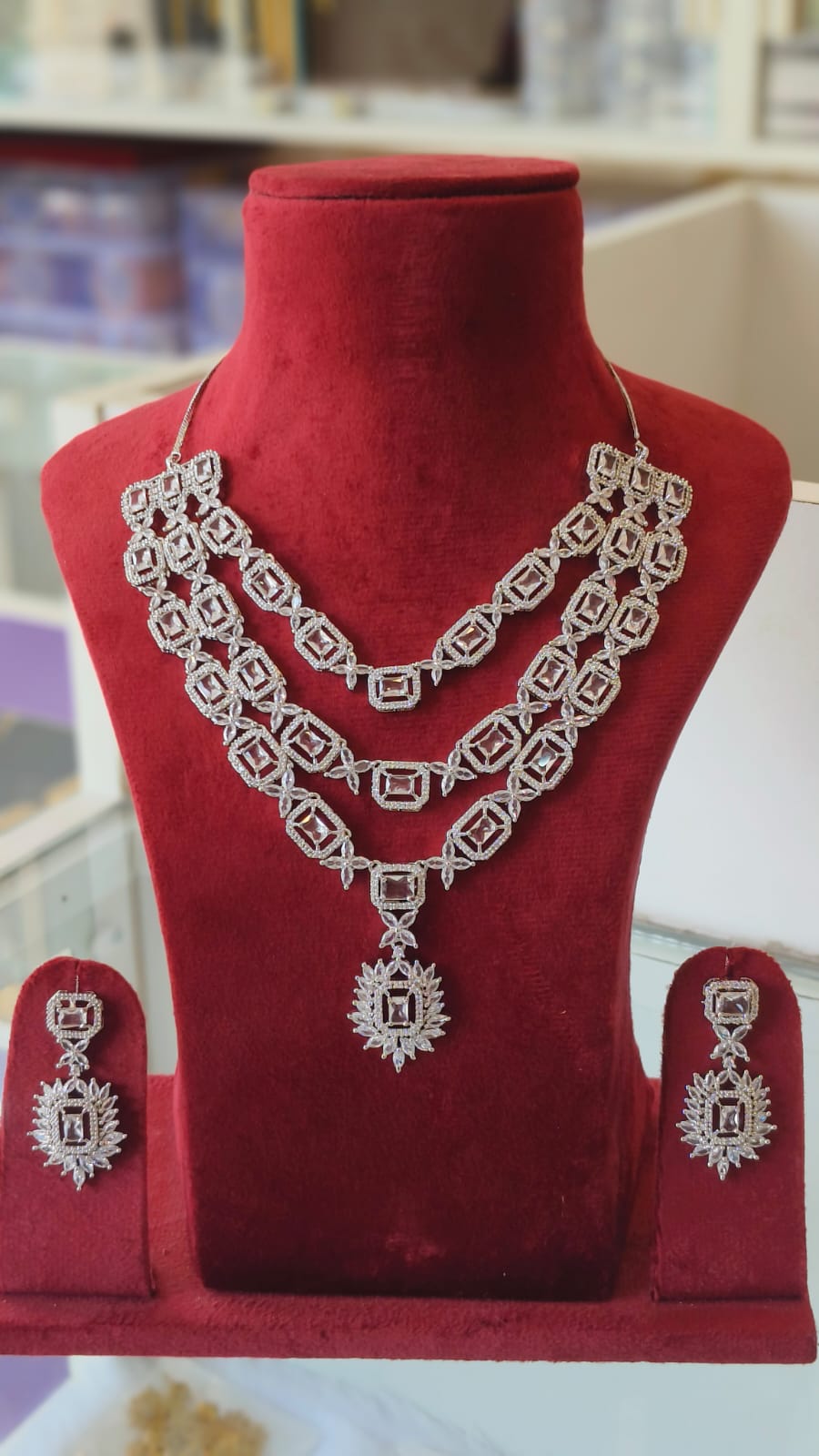 Premium Quality American Diamond Necklace Three Layer