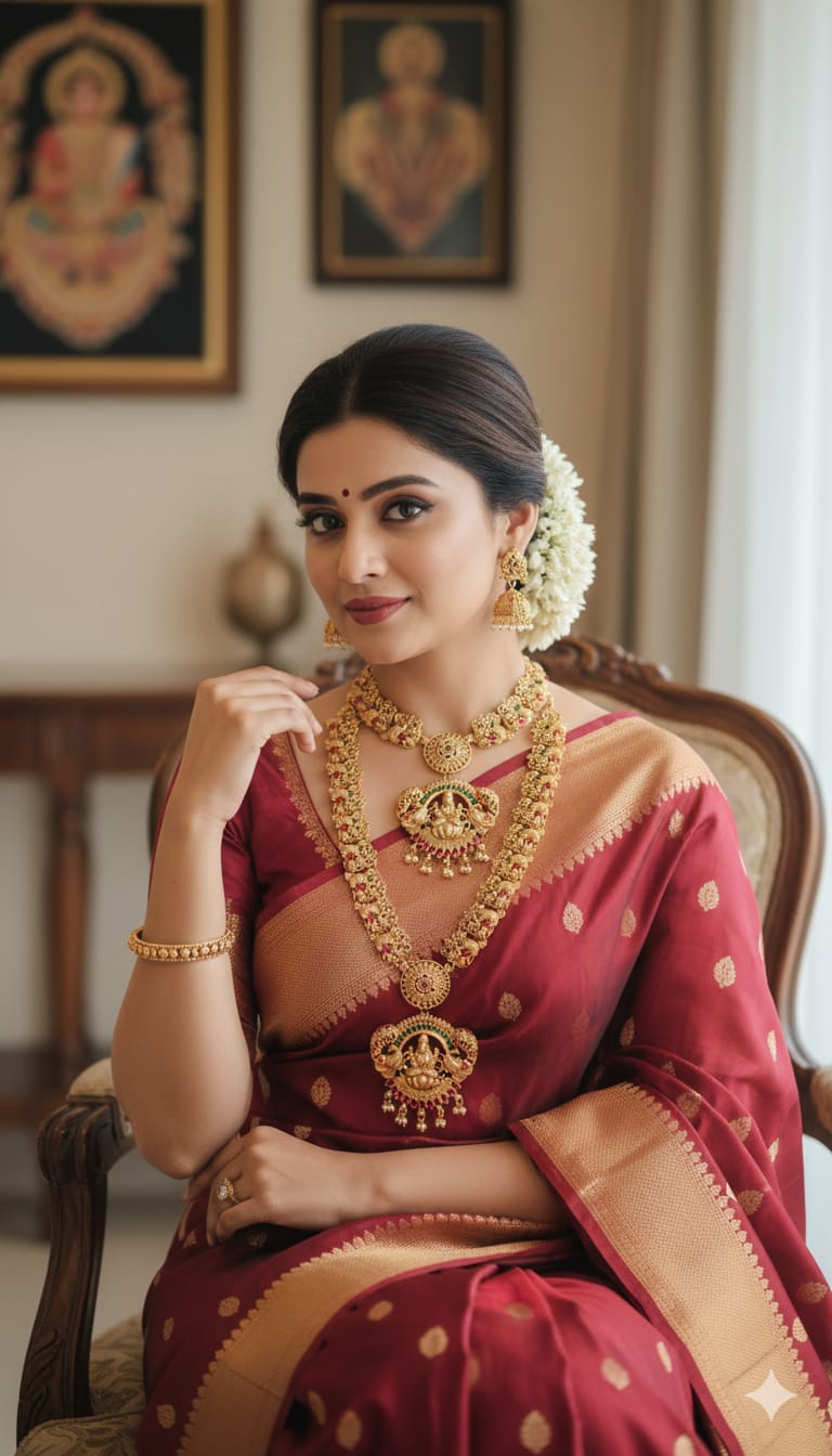 Traditional south Indian temple design Antique gold long necklace set