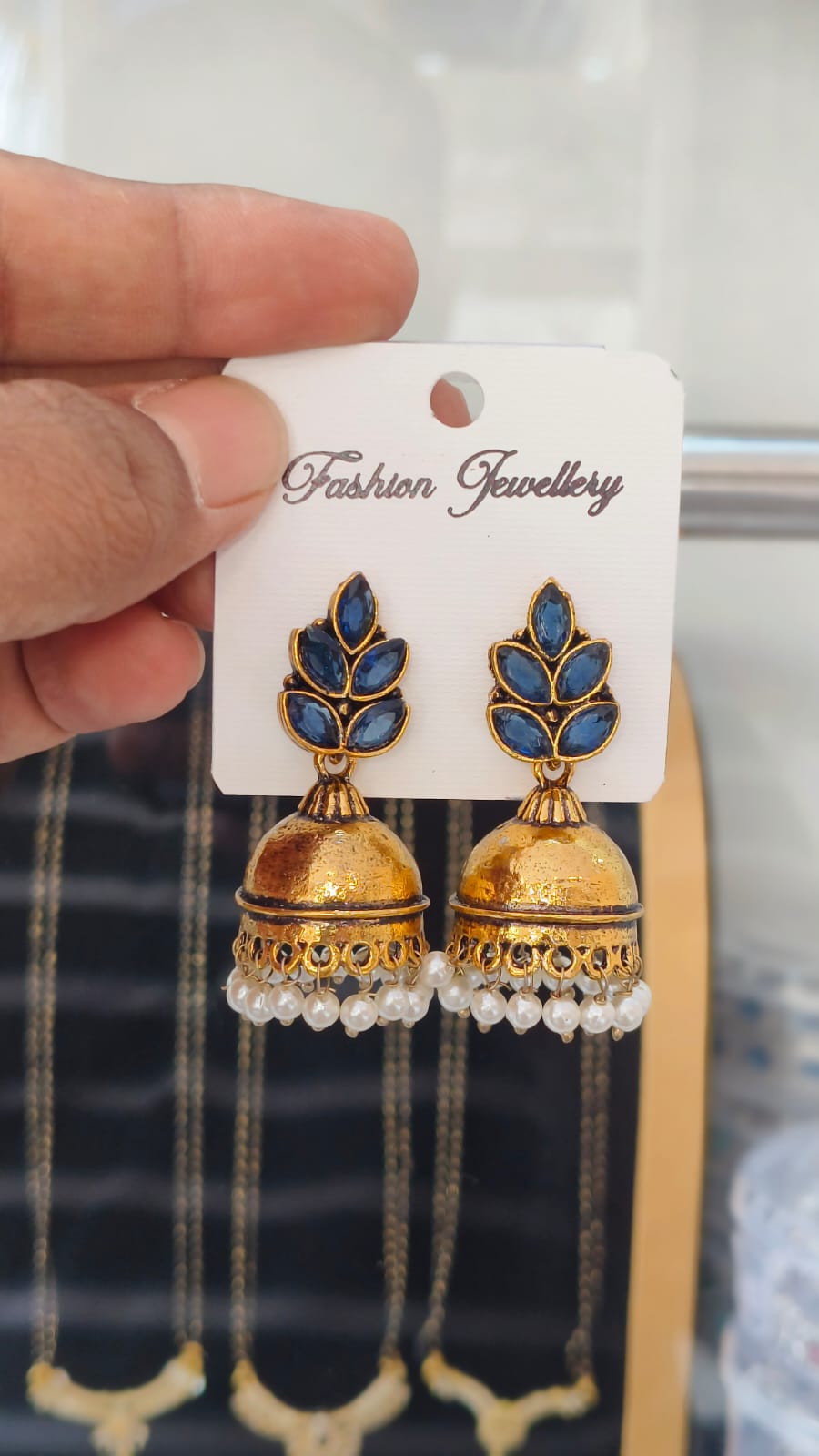 Gold Oxidised Jumka - Leaf and Traditional Pearl Design