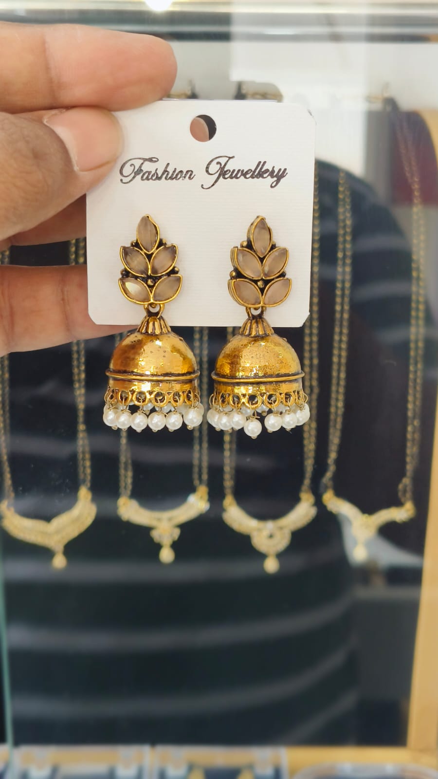 Gold Oxidised Jumka - Leaf and Traditional Pearl Design