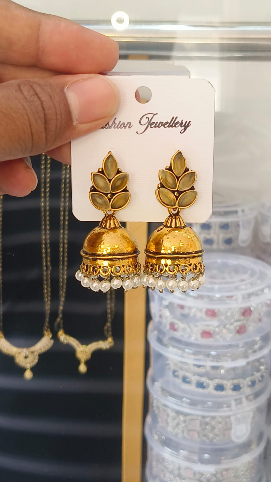 Gold Oxidised Jumka - Leaf and Traditional Pearl Design