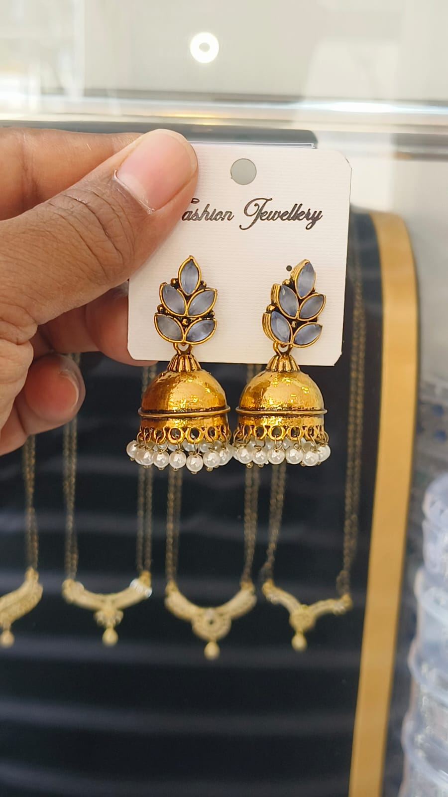 Gold Oxidised Jumka - Leaf and Traditional Pearl Design