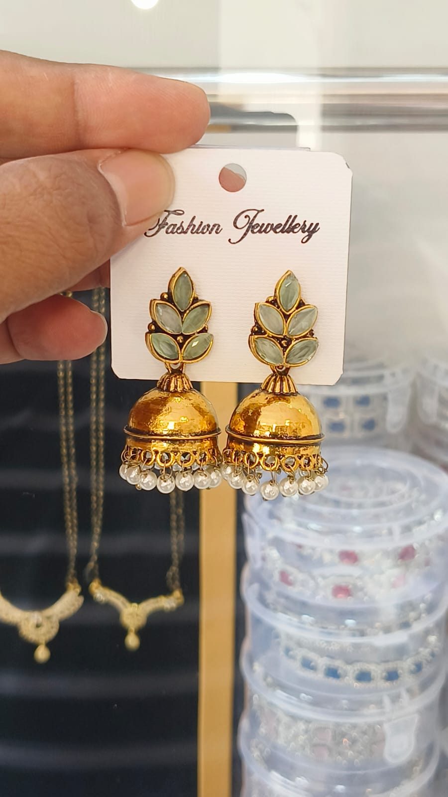 Gold Oxidised Jumka - Leaf and Traditional Pearl Design