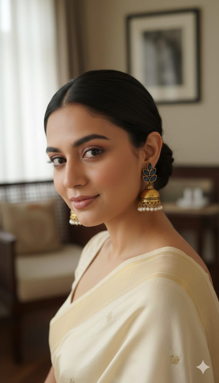 Gold Oxidised Jumka - Leaf and Traditional Pearl Design