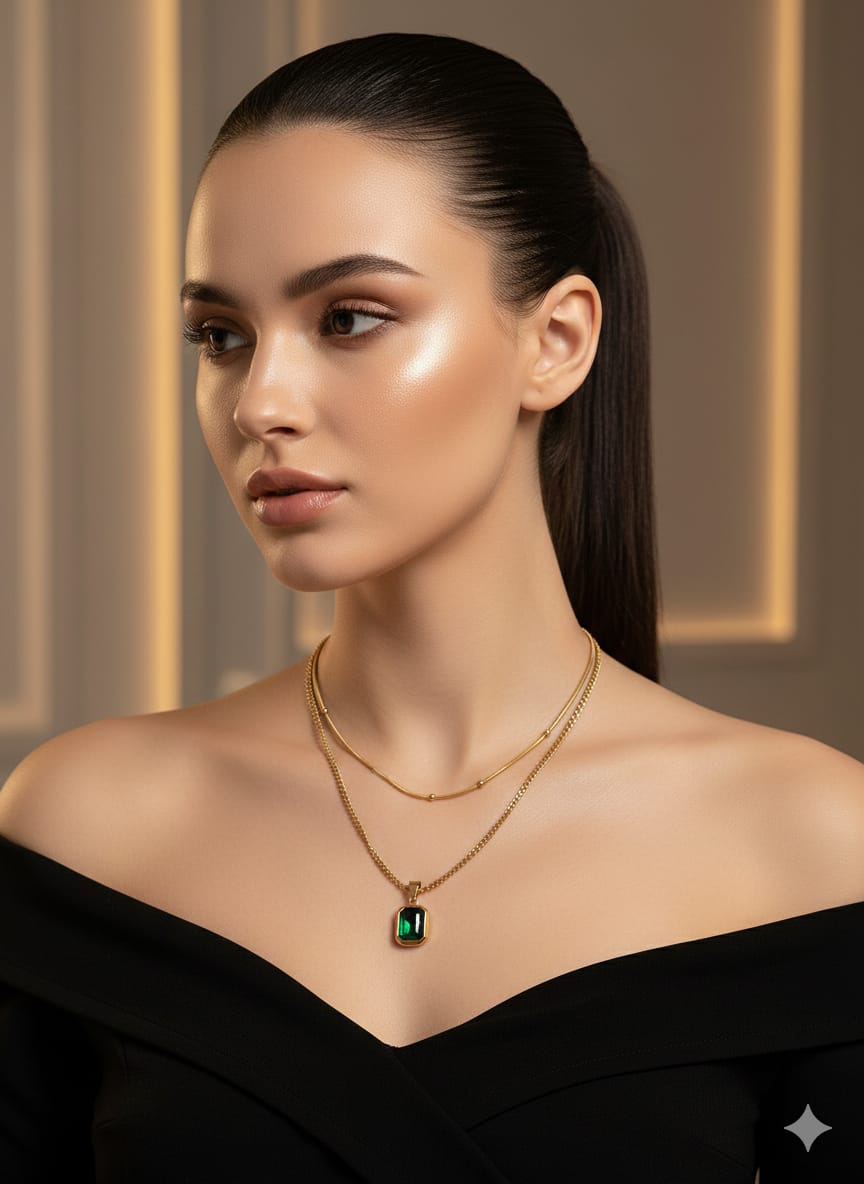 Stylish Double Layer Emerald Stone Chain Pendant