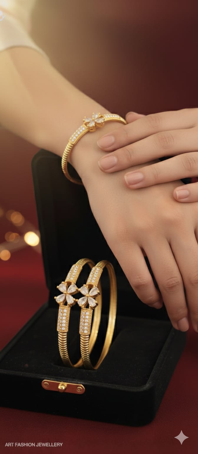 White Floral 22k Gold Plated Kada Bangle