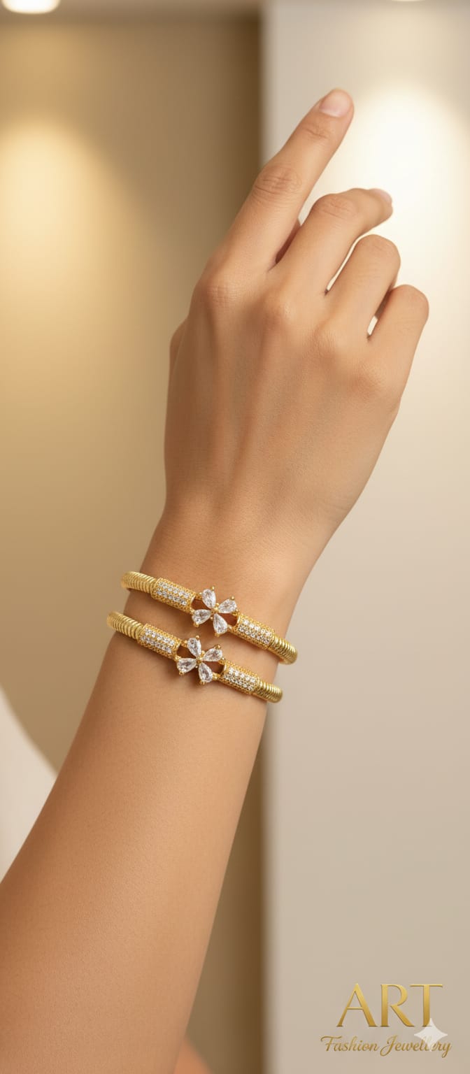 White Floral 22k Gold Plated Kada Bangle