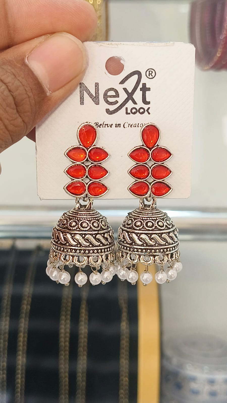 Oxidised Jumka - Elegant Leaf Desing with Pear Hanging