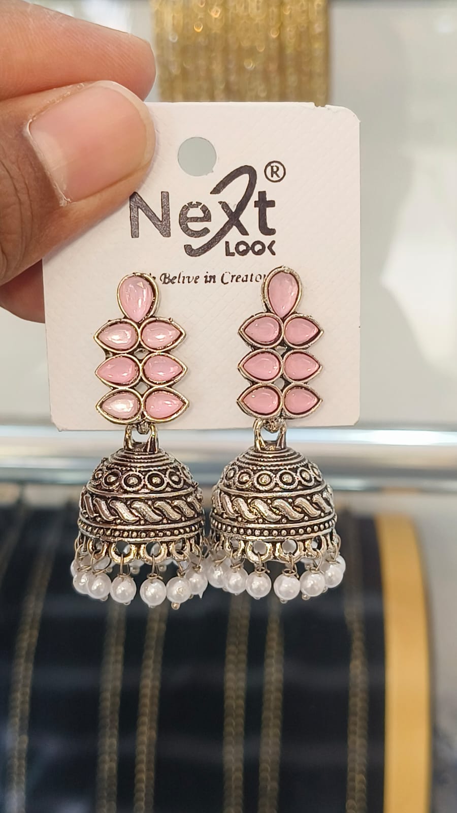 Oxidised Jumka - Elegant Leaf Desing with Pear Hanging