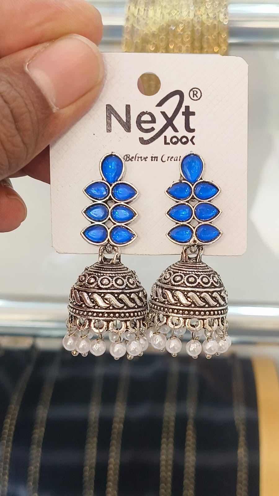 Oxidised Jumka - Elegant Leaf Desing with Pear Hanging