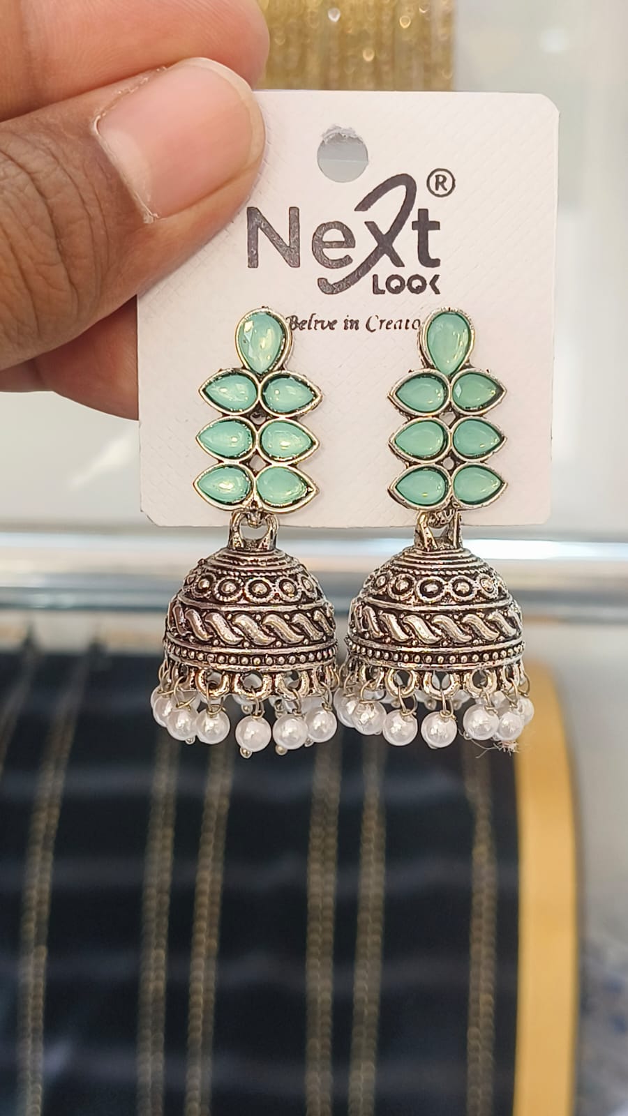 Oxidised Jumka - Elegant Leaf Desing with Pear Hanging