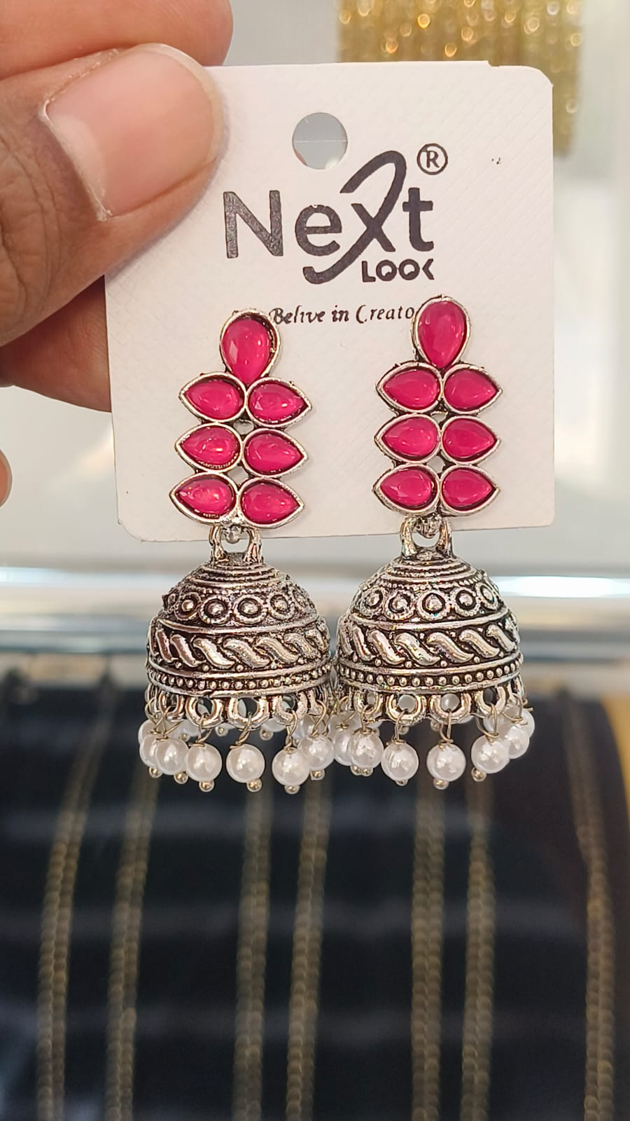 Oxidised Jumka - Elegant Leaf Desing with Pear Hanging