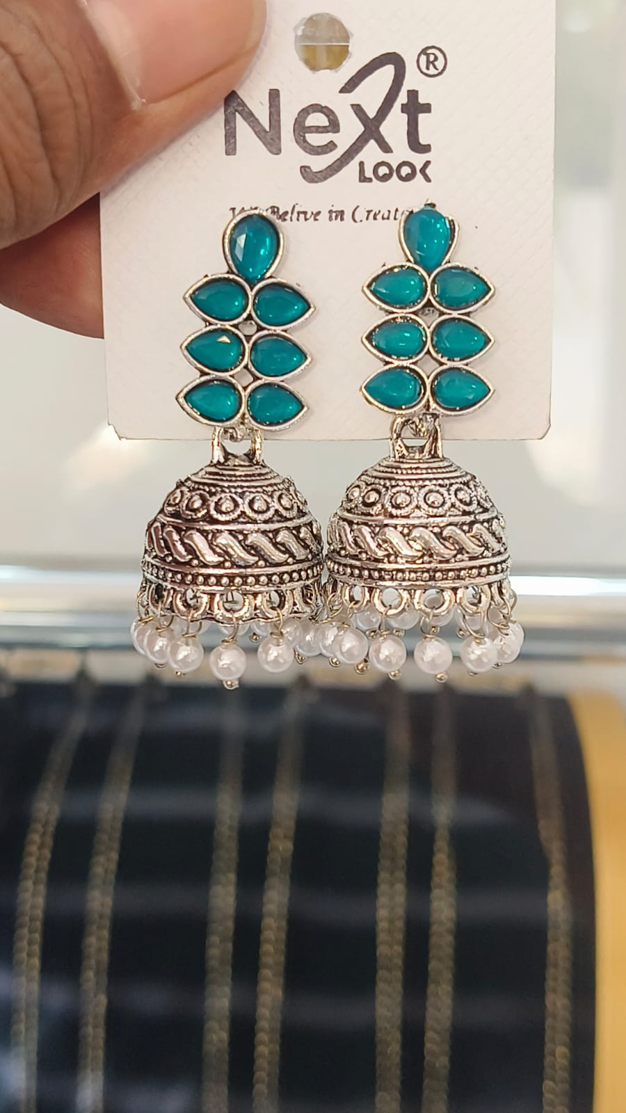 Oxidised Jumka - Elegant Leaf Desing with Pear Hanging