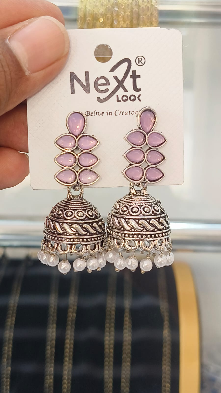 Oxidised Jumka - Elegant Leaf Desing with Pear Hanging