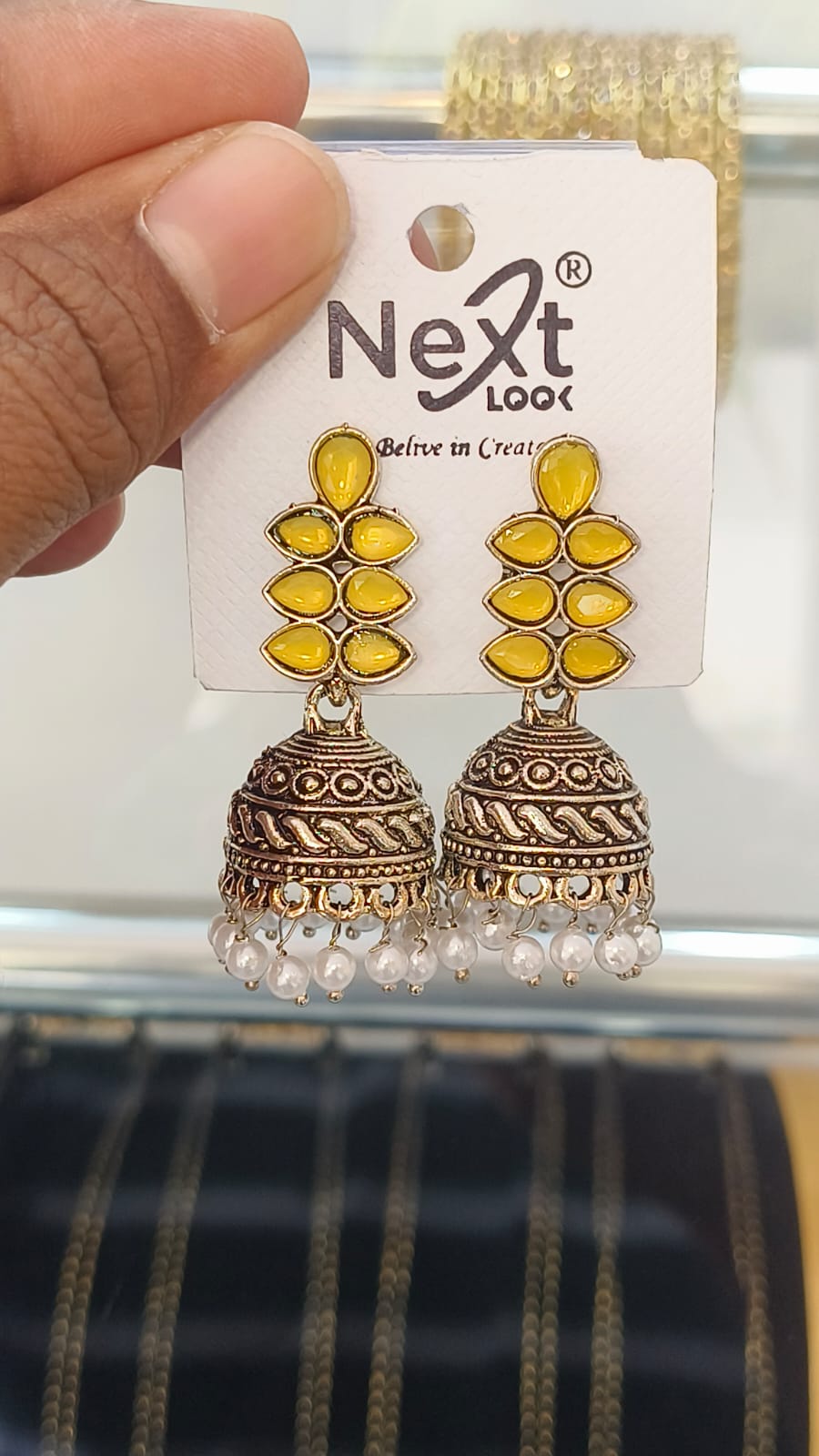 Oxidised Jumka - Elegant Leaf Desing with Pear Hanging