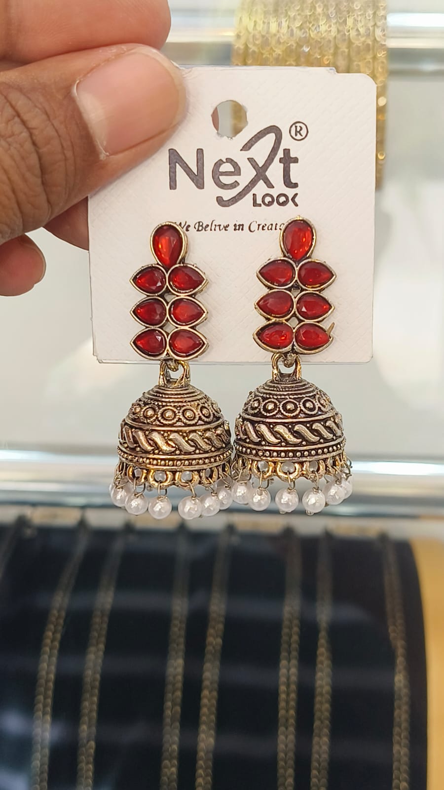 Oxidised Jumka - Elegant Leaf Desing with Pear Hanging