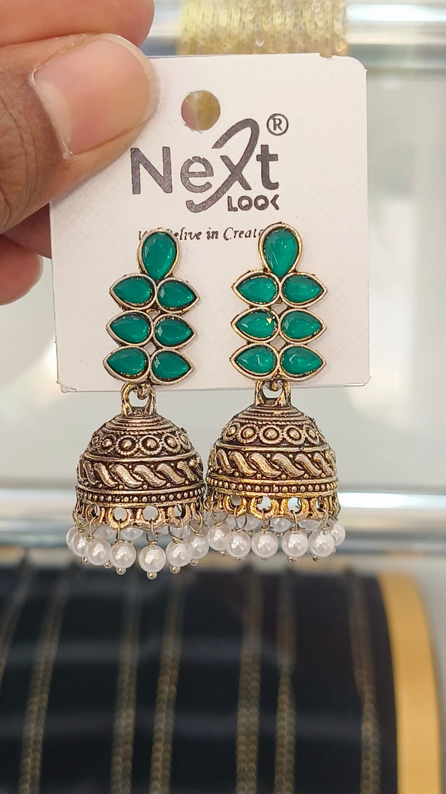 Oxidised Jumka - Elegant Leaf Desing with Pear Hanging