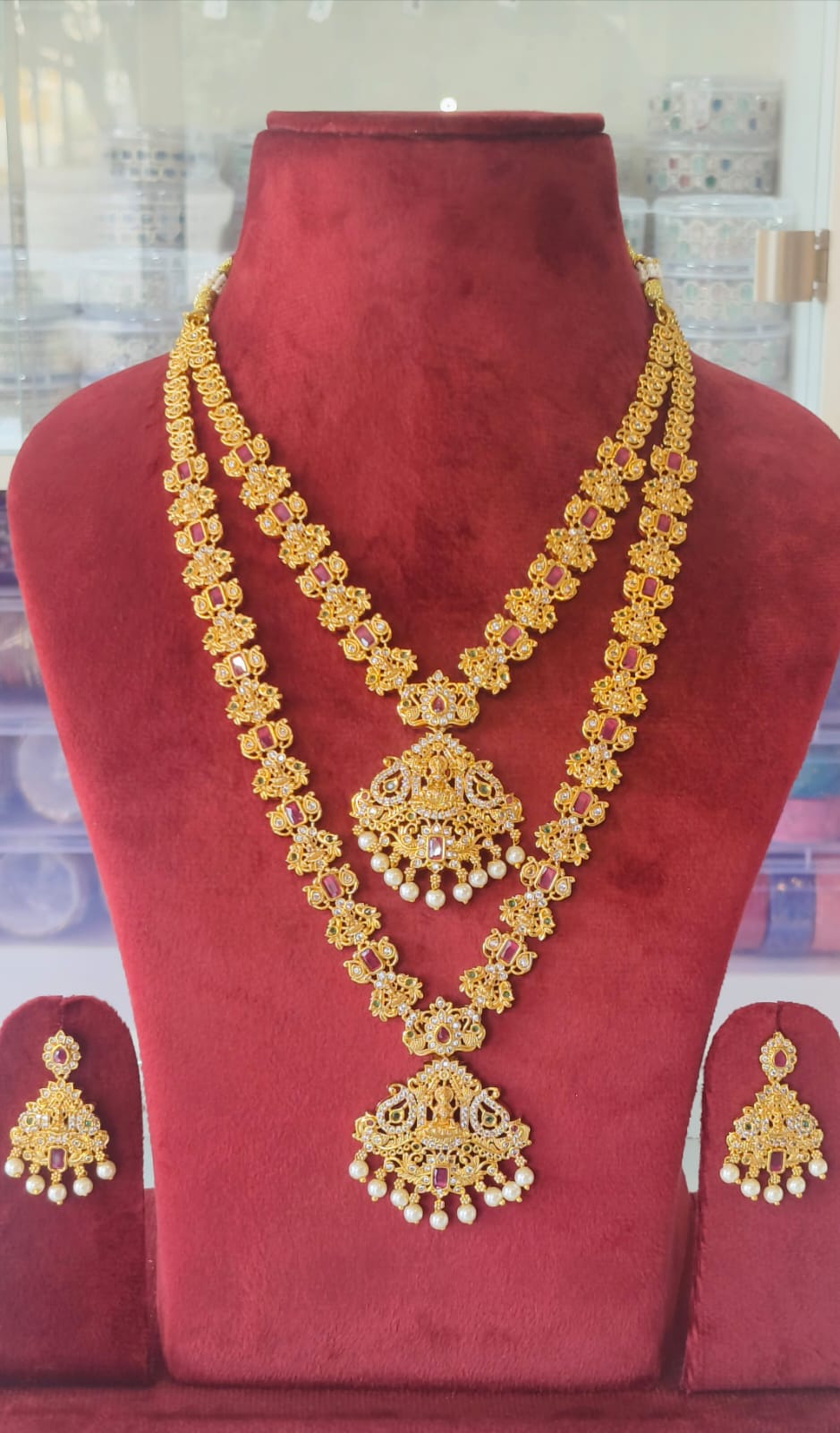Goddess Lakshmi Ruby Stone AD Necklace Set