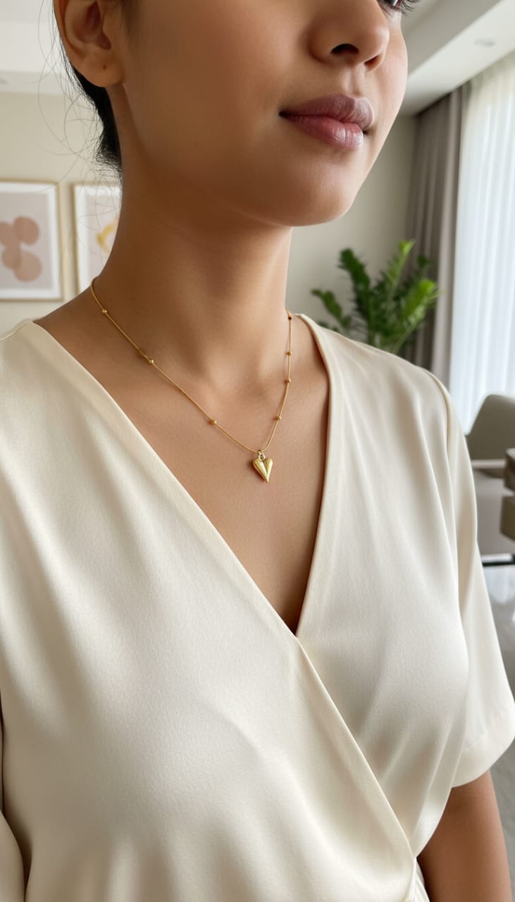 Anti-Tarnish Heart Pendant Necklace with Pearl Design Chain ( Gold )