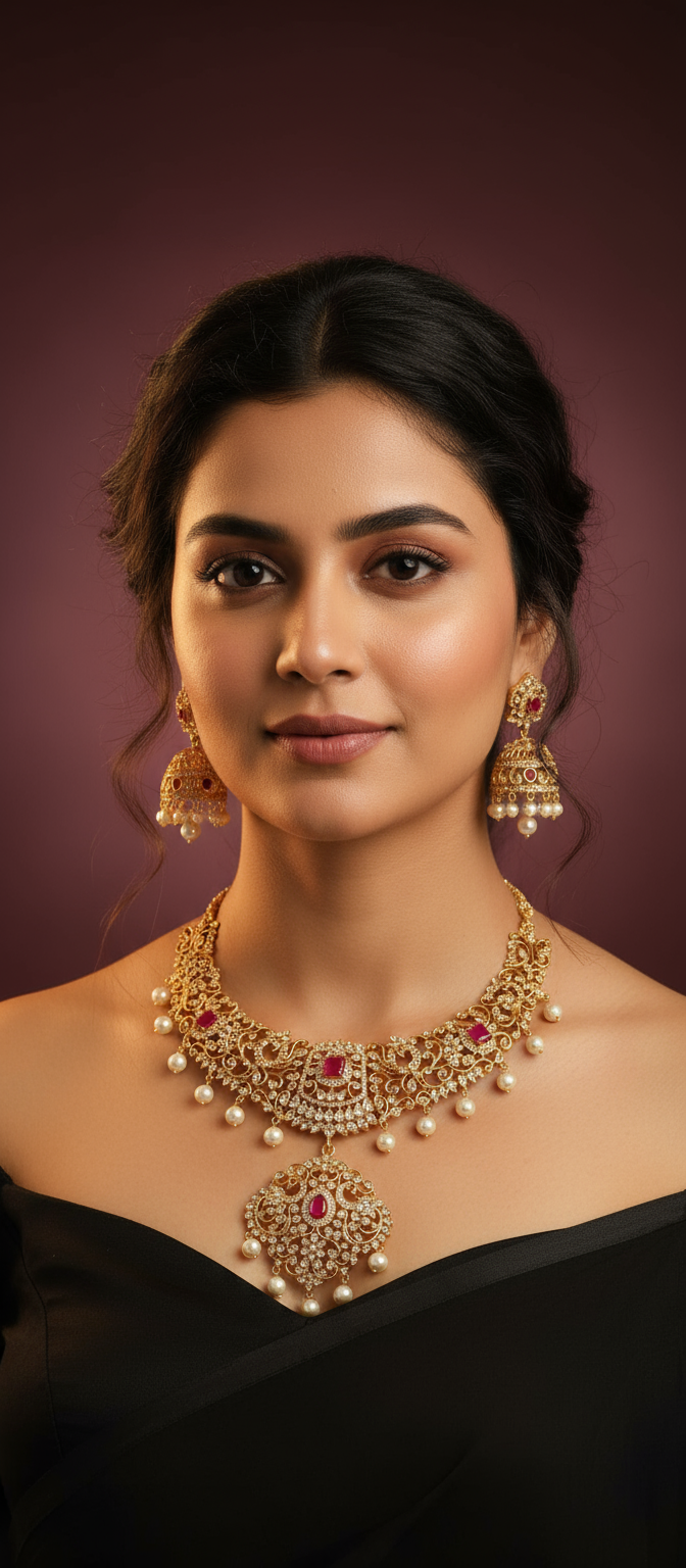 American Diamond CZ Necklace Set: Gold Polish Bridal Jewelry