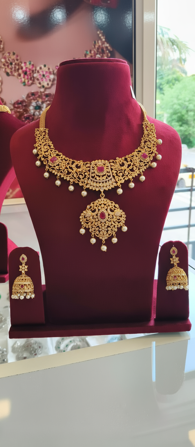 American Diamond CZ Necklace Set: Gold Polish Bridal Jewelry