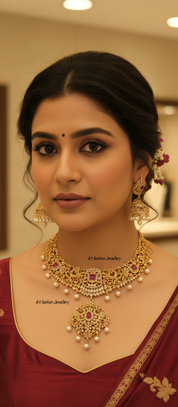 American Diamond CZ Necklace Set: Gold Polish Bridal Jewelry