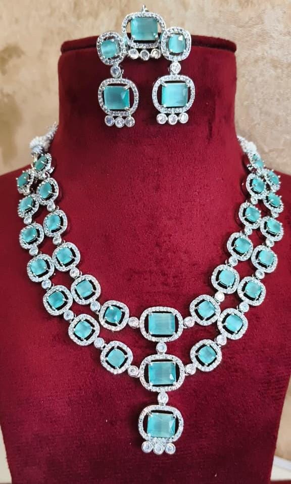 American Diamond Necklace Set, Two Layer, CZ Necklace, Aqua Green
