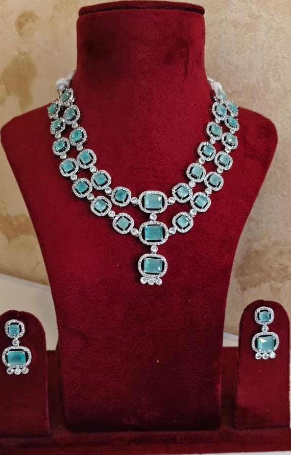 American Diamond Necklace Set, Two Layer, CZ Necklace, Aqua Green