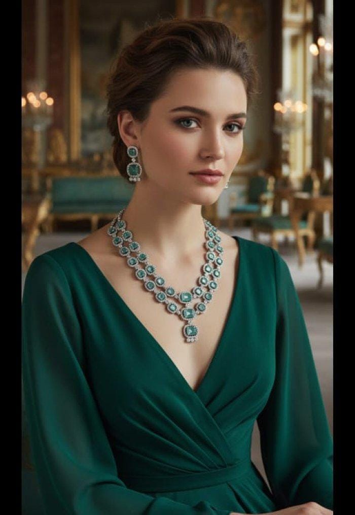 American Diamond Necklace Set, Two Layer, CZ Necklace, Aqua Green