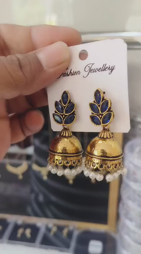Gold Oxidised Jumka - Leaf and Traditional Pearl Design