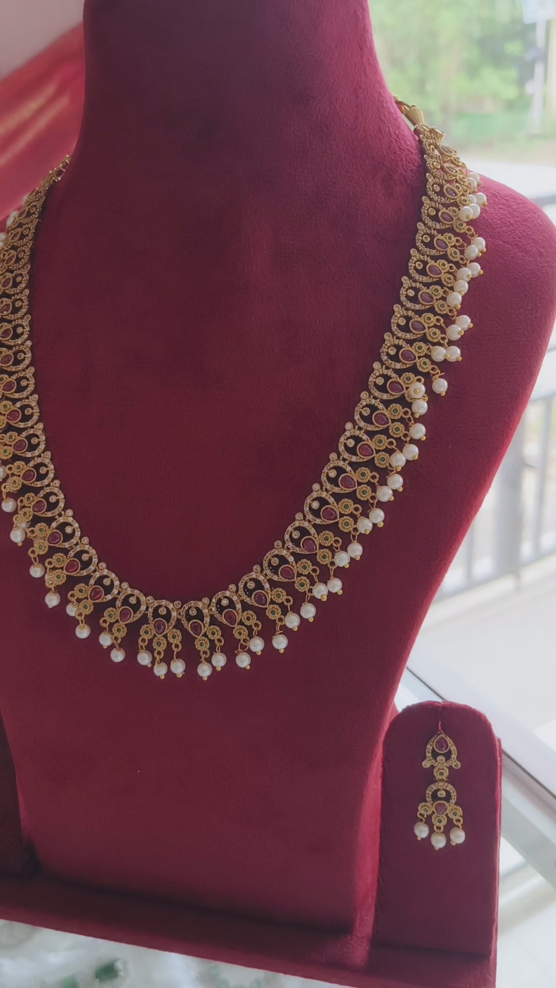 Peacock CZ Necklace Set: Gold Mehandi Polish Haram