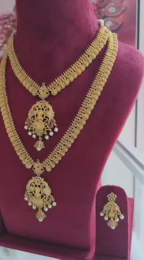 American Diamond/CZ Traditional Lakshmi Coin Long Haram Combo Set