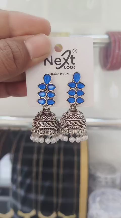 Oxidised Jumka - Elegant Leaf Desing with Pear Hanging