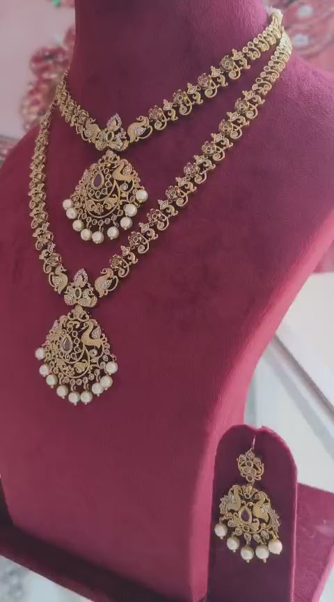 American Diamond/CZ Necklace Set: Peacock design Indian Jewellery Haram Combo Set