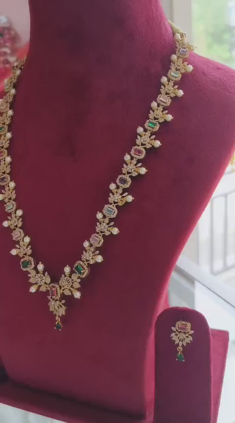 American Diamond/CZ Traditional Leaf and Pearl design Long Haram Set