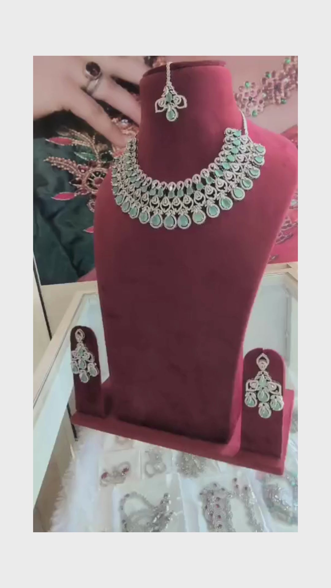 American Diamond Necklace Set, Aqua Green, Cubic Zirconia, Silver Plated.