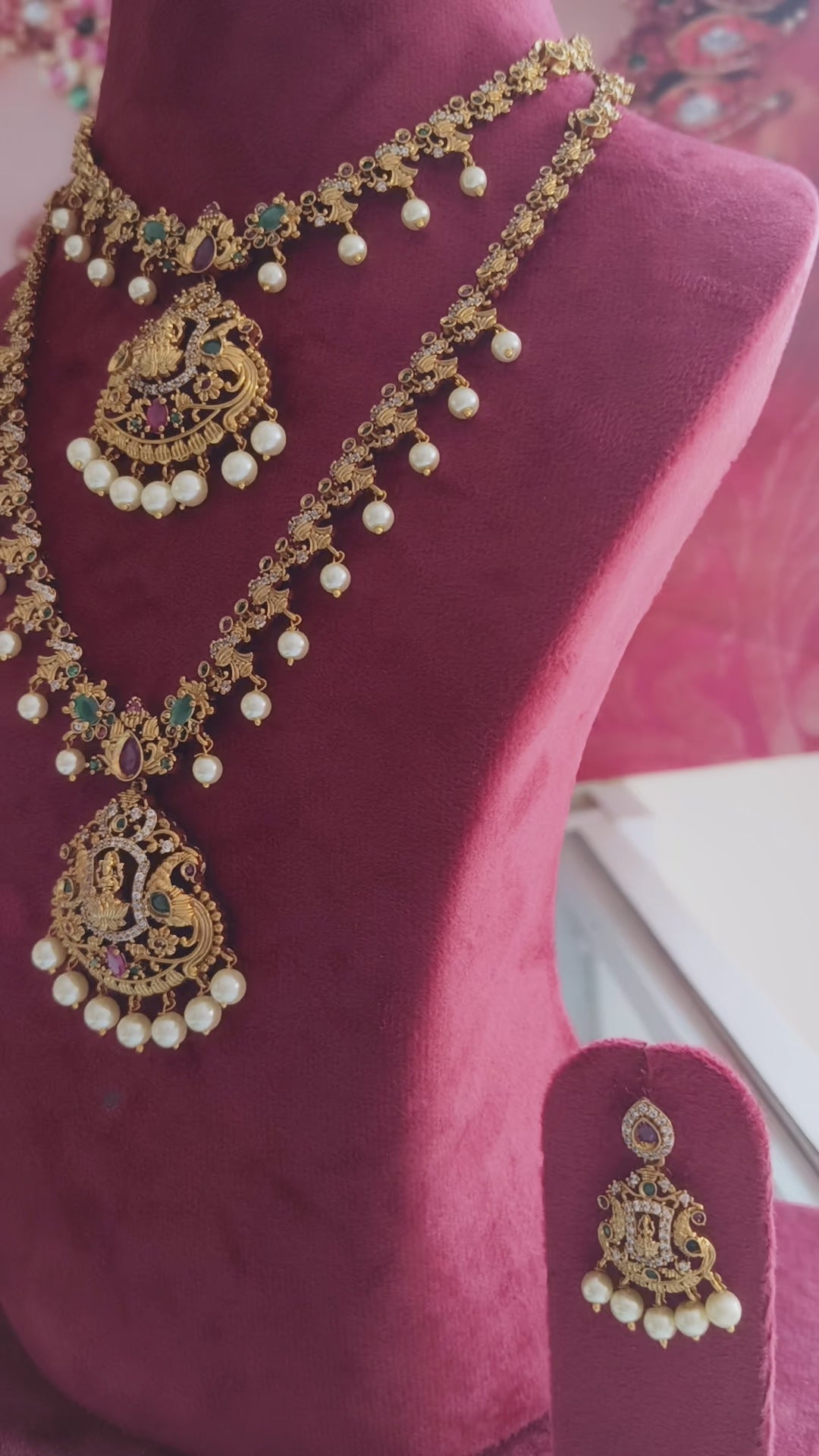 Peacock CZ Necklace Set: Gold Mehandi Polish Haram